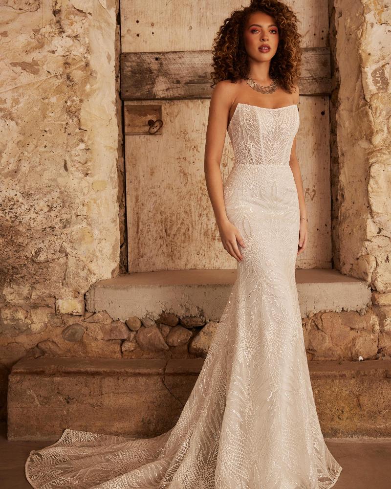 Lp2251 strapless boho wedding dress with removable sleeves and sparkly beaded lace5